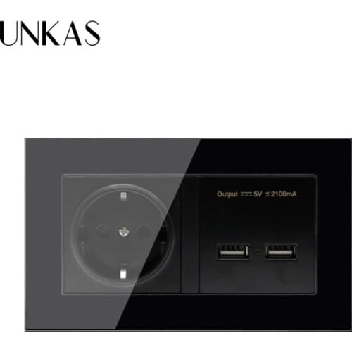 UNKAS Wall Socket EU Standard Power Outlet With Dual USB Smart Induction Charge Port For Mobile 2.1A Crystal Glass Panel