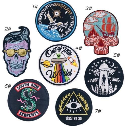 PGY Black Skull Embroidered Patches Iron On Aliens UFO Badges Punk Style for Clothes Round Appliques DIY Coat Bags Parches
