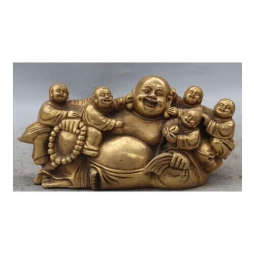 RHS0170 10"Marked Chinese Bronze Brass Five Kids kId Happy Laugh Buddha Hold Bead Statue