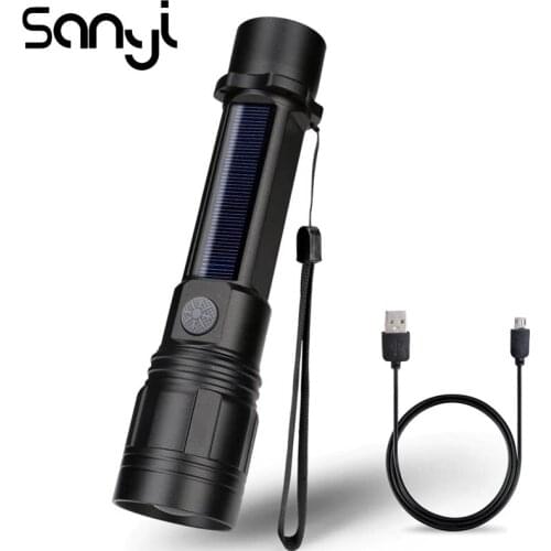 SANYI LED COB Flashlight Torch Super Bright USB Chargeable Flashlight Power by Built-in Battery or Solar Hunting Camping Lamp