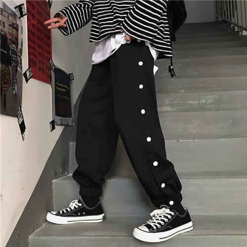 Spring Sweatpants Mens Fashion Solid Color Button Track Pants Men Streetwear Wild Loose Hip Hop Straight Trousers Mens M-XL