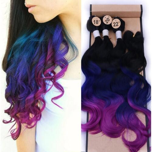 Wignee Synthetic Hair Extension For Black Women Colorful Hair Bundles With Closure 3 Tone Ombre Color Purple/Blue/Grey Hair