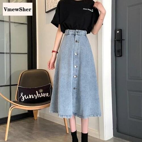 VmewSher New Single Breasted Mid-calf Length Denim Skirt Women Streetwear Casual a Line High Waist Jean Skirts Spring Summer