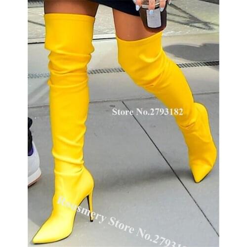 Women Charming Shining Yellow Stiletto Heel Over Knee Boots Sexy Slim Banded Long High Heel Boots Dress Heels Shoes