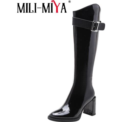 MILI-MIYA New Arrival Women Knee High Boots British Style Zipper Ladies Patent Leather Round Toe Thick Heels Party Casual Shoes