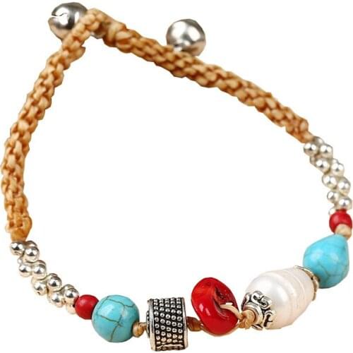 Bohemian Ethnic Style Semi-precious Stone Fashion Retro Female Bracelet Pearl Wax Rope Hand-woven Creative Female Bangle