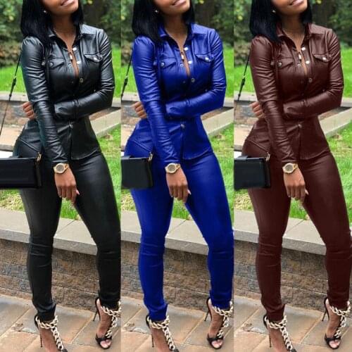 Two piece set top and pants Hot 2Pcs Women Casual Solid Color Faux Leather Turn Down Collar Shirt Pants Two-piece Set Faux Leath