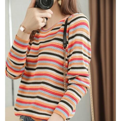 Spring New Style 100%Pure Cotton Long-Sleeved Sweater Women Loose Round Neck Knit Pullover Striped Base Shirt Cotton Thread Top