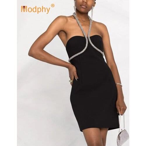 2021 New Diamond Chain Halter Bandage Dress black Sexy Bodycon Mini Summer Women Fashion Streetwear Party Vacation Clothing