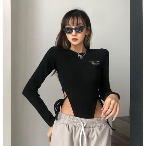 Womens bodysuits All-match casual letter print jumpsuit with side lace sexy long sleeves bodysuit Sexy top Black body sexy body
