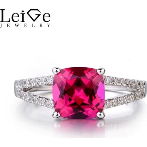 Leige Jewelry 925 Solid Sterling Silver Ruby Ring July Birthstone Red Gemstone Cushion Cut Promise Wedding Rings for Women