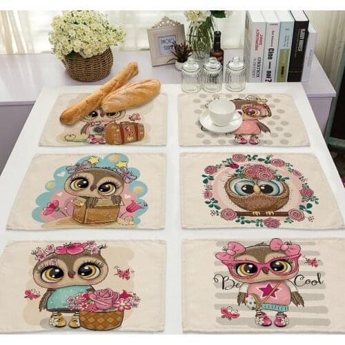1Pcs Kawaii owl Pattern Kitchen Placemat Cotton Linen Dining Table Mats Coaster Pad Bowl Cup Mat 42*32cm Home Decor ML0007