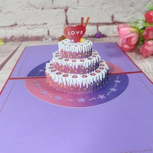 3D Handmade Love Heart Birthday Cake Paper Invitation Greeting Cards PostCard Kids Birthday Party Valentines Day Creative Gift