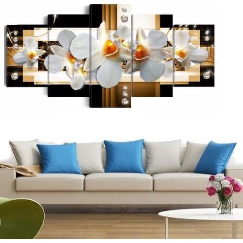 No Frame)5PCS/Set Fashion Wall Art Canvas Painting Purple Orange Orchid Flower Modern Home Decoration,Choose Color And Size