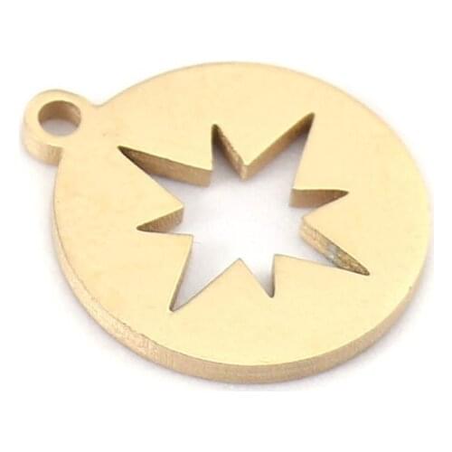 5 PCs New Stainless Steel Charm Pendants Round Star Shape Gold Color Charms Findings For DIY Making Necklace Jewelry 12mm x 10mm