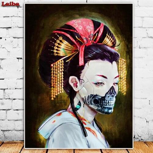 5D Round Diamond Embroidery Cross Stitch Japanese woman skull Diy Full Square Diamond Painting Mosaic Home Decoration Gift