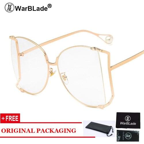 Oversized gold eyeglasses women transparent half cat eye glasses 2018 designer metal hollow glasses pearl clear lens UV400