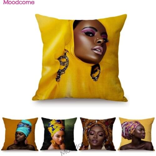 Yellow Tone Home Decoration Fashion African Woman Black Girl Art Sofa Throw Pillow Case Cotton Linen Bench Cushion Cover Case