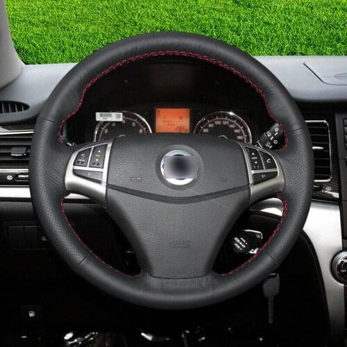 Black leather red stitch custom car steering wheel cover for Ssangyong kelando