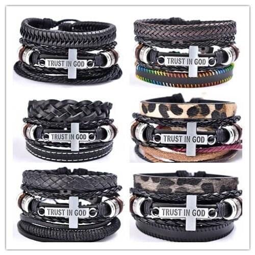 Trust In God Cross Men Bracelets 3pcs/set Wristband Fashion Rope Wrap Cuff Bangle Leather Bracelets Women Jewelry Accessories