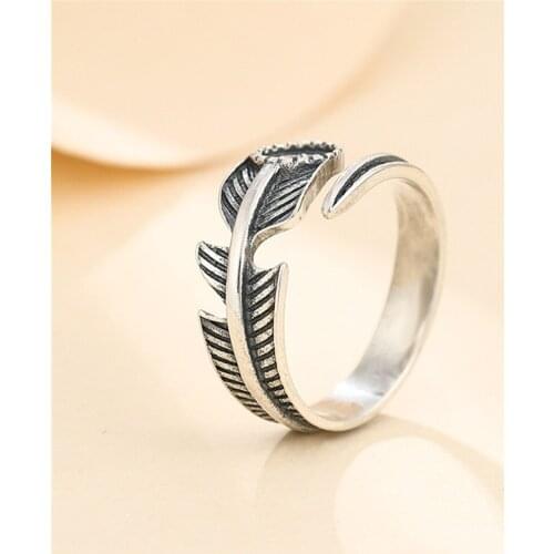 Ring Setting for 5x5mm Round Cabochons Antique Style Feather Shape Ring Blank Thai Sterling Silver Adjustable Ring Base SR0358
