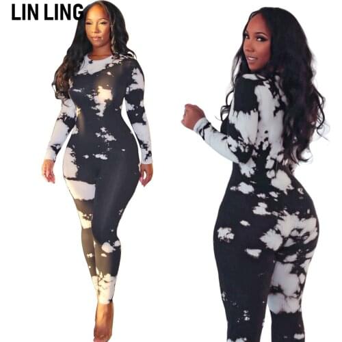 LINLING Sexy Fashion Personalized Tie Dye Printed Round Neck Stretch Slim Jumpsuit Nightwear