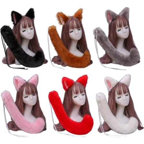 Japanese Anime Halloween Cosplay Costume Set Solid Color Faux Fur Kitten Wolf Ears Headband with Plush Animal Long Tail