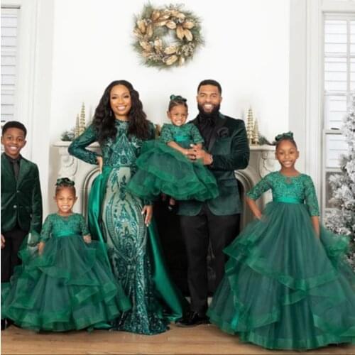 Green Ruffles Lace Flowers Girls Dresses Girls Birthday Party Celebration Mother Daughter Dresses Mom Girls Birthtday Dresses