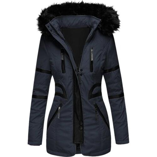 Fur collar jacket mid-length thick cotton jacket faux leather edge cotton jacket Casual warm ladies jacket
