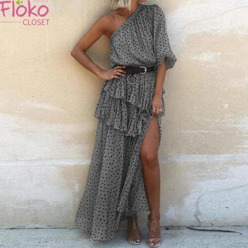 Flokocloset Summer High Waist One Shoulder Polka Dot Long Chiffon Dress Casual Asymmetrical Party Dress Women 2021