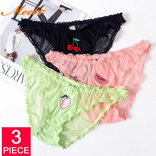 TERMEZY 3 PCS Women Sexy Lace Lingerie Temptation Low-waist Panties Fruit Ins Embroidery Transparent Briefs Seamless Underwear