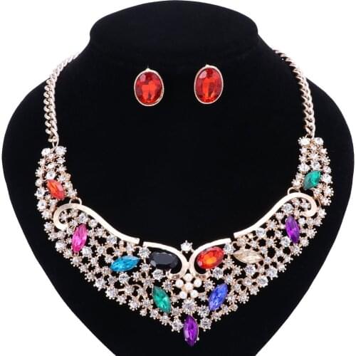 Fashion Imitated Pearl Crystal Beads Jewelry Sets For Women Bridal Wedding Accessories Gold Color Necklace Stud Earrings Set