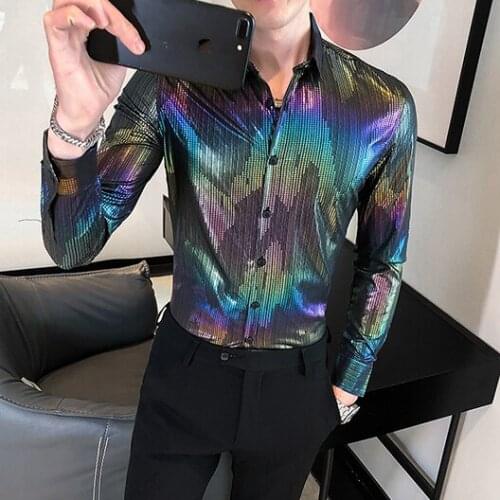 Mens Fashion Long Sleeve Slim Shine Shirt Youth Casual Party Nightclub Shirts