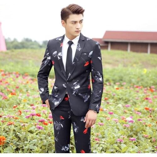 Blazer men printing suit set with pants mens wedding suits costume singer star style dance stage clothing formal dress black
