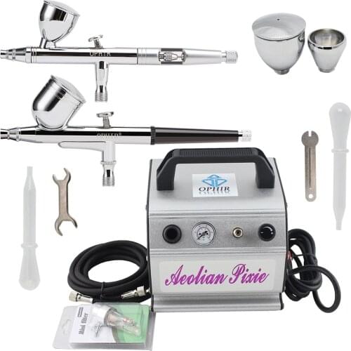OPHIR Airbrushing Gravity Paint 2x Dual Action Airbrush Guns with Air Compressor for Makeup Nail Art Cake Paint_ AC088+004+006
