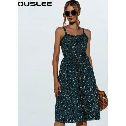 OUSLEE New Bohemian Style Floral Printed Dress Women Casual A-Line Polka Dot Mini Dresses Female Square Neck Sleeveless Sundress