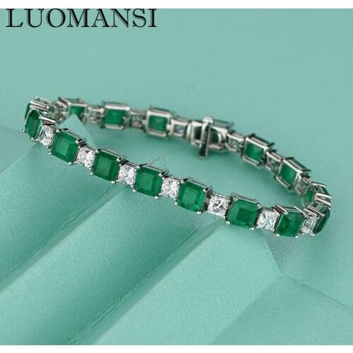 Luomansi Luxury 925 Sterling Silver Bracelet Geometric Emerald + High Carbon Diamond Bracelet Jewelry Woman Birthday Party Gift