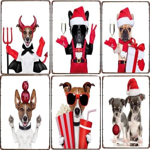 Christmas Dog Decor Metal Tinplate Poster New Year Festival Decor 20x30cm Cute Dog Poster