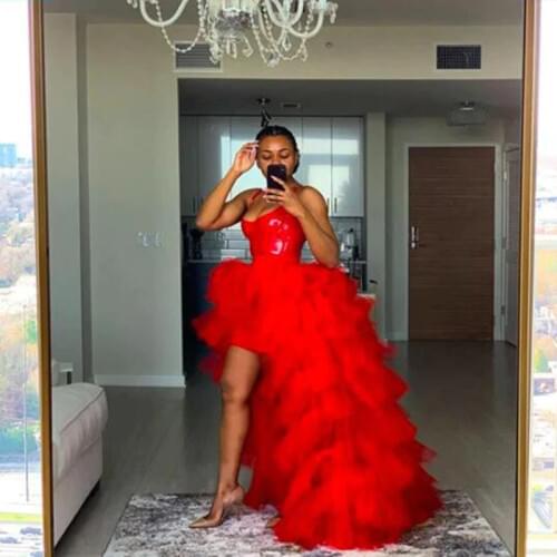 Custom Made Fashion Hi Low Tiered Tulle Skirts Women Red Ruffle Extra Puffy Zipper Waistline Floor Length Long Party Skirts