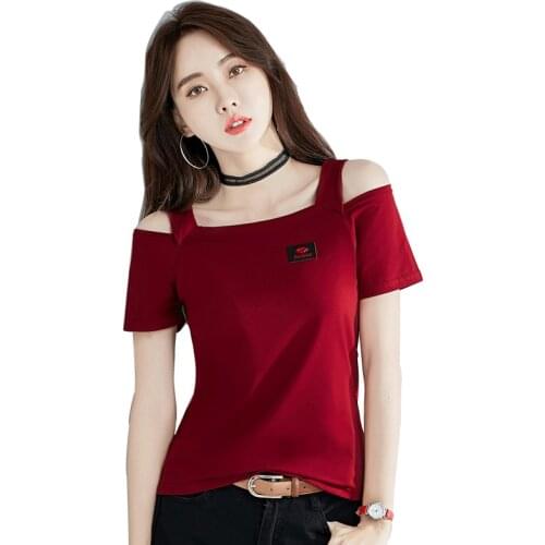 Shintimes Off The Shoulder Tops For Women Summer T Shirts Slash Neck T-Shirt Cotton Tshirt Camiseta Mujer 2020 Vetement Femme