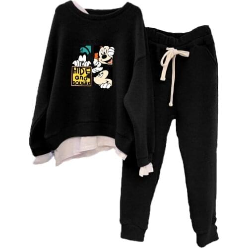 Disney Spring Autumn Korean Loose Sports Topstwo Piece Set Women Sweater Harem Pants Boho Clothing Mickey Print Tracksuit Women