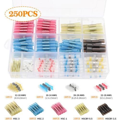 250pcs Heat Shrink Soldering Sleeve Terminals Insulated Waterproof Butt Connectors Kit Electrical Wire Soldered Terminals