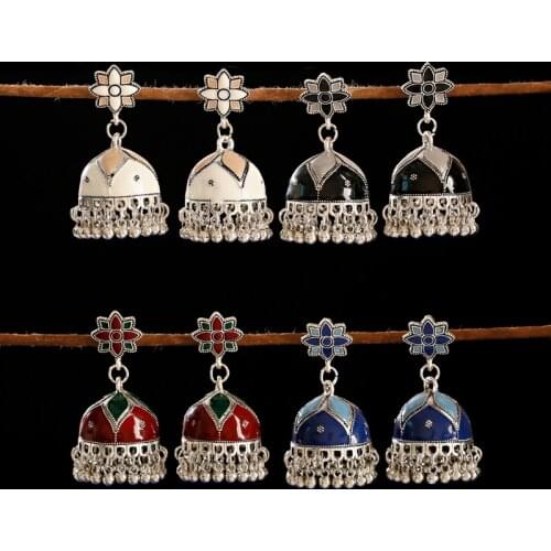 4 Color Tibetan Jewelry Red Green Flower Earrings Ethnic Summer Silver Color Beads Tassel Earrings Oorbellen