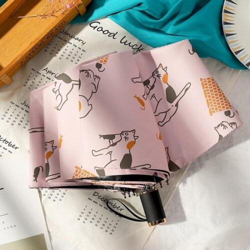 Three-fold Umbrella Women Windproof Pencil Rainy Umbrellas Animal Cat Black Coating Men Pocket Parasol Umbrella Portable Travel