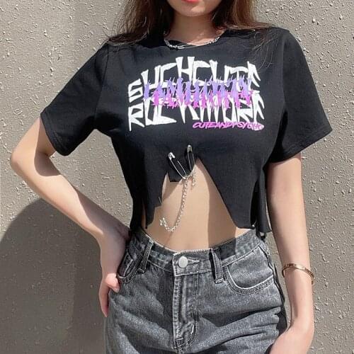 2021 Womens Tees Letter Print Crop Tops Short Sleeve Irregular Hem Fashion T-Shirts with Metal Chain
