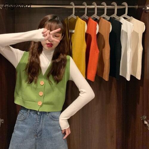 Sweater Vest Women Candy Colors Sweet V-neck Cropped Sweaters All-match Solid Single Breasted Japanese Style Sleeveless Top Girl
