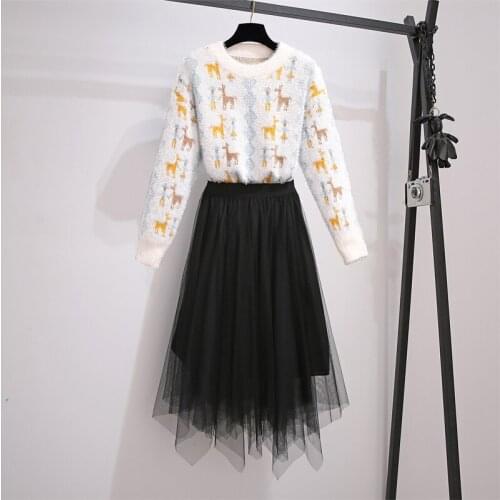 New Fall Winter Women Warm Fashion 2 Pieces Sets Korean Casual Long Sleeve Knitted Sweater And Black Mesh Irregular Skirts Suits