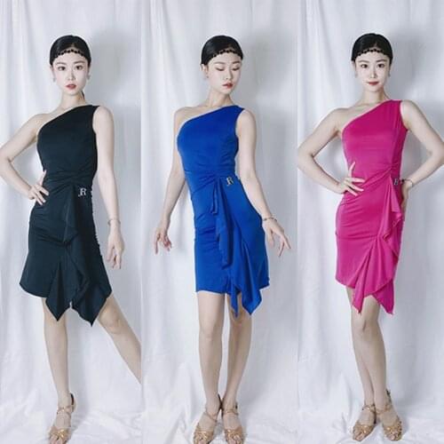 Sexy Latin Dance Dress Women Oblique Shoulder Sleeveless Summer Dance Clothes Salsa Costume Black Dress With Bra Pads DNV14442