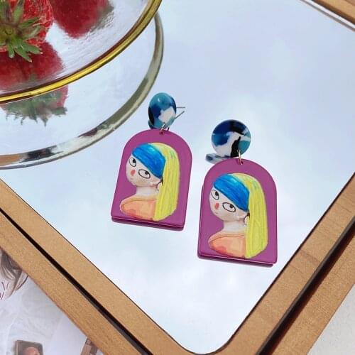 ZiccoWong Vinttage Fashion Oil Painting Girl Dangle Earring For Women Funny Purple Resin Big Drop Dagnle Earring Jewelry Gift