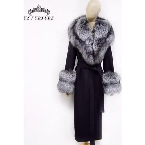 Winter Womans Natural Cashmere Long Woolen Coat Fox Fur Collar Girls 120cm Long Woolen Belt Fox Fur Cuffs Design Outer Garment